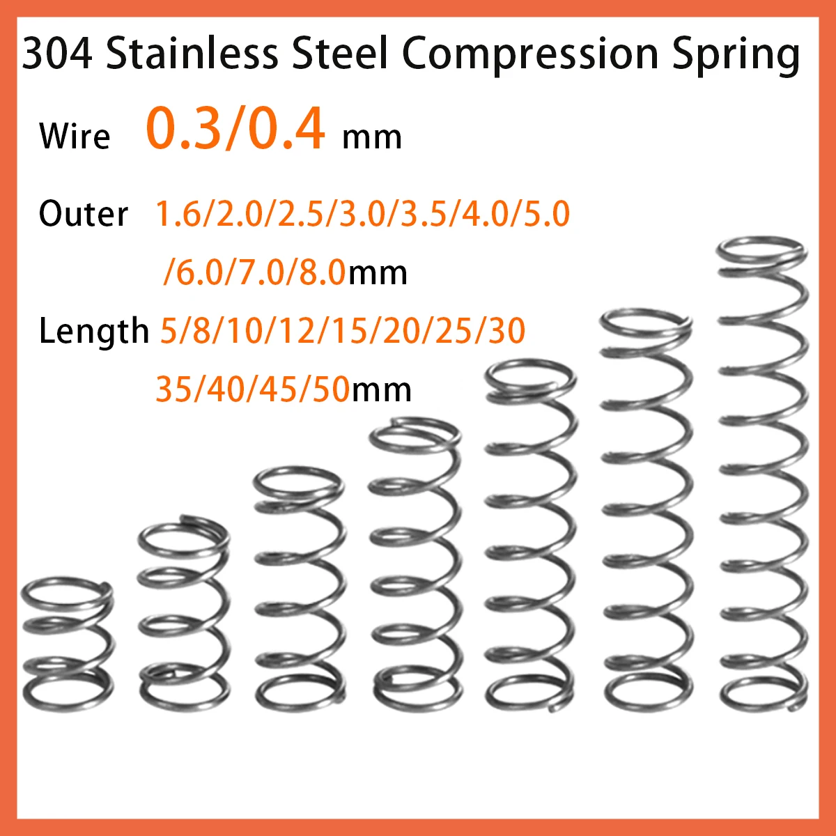 

304 Stainless Steel Compression Spring Return Spring Wire 0.3/0.4Mm Outer 1.6-8.0Mm Length 5-50Mm Support Customization