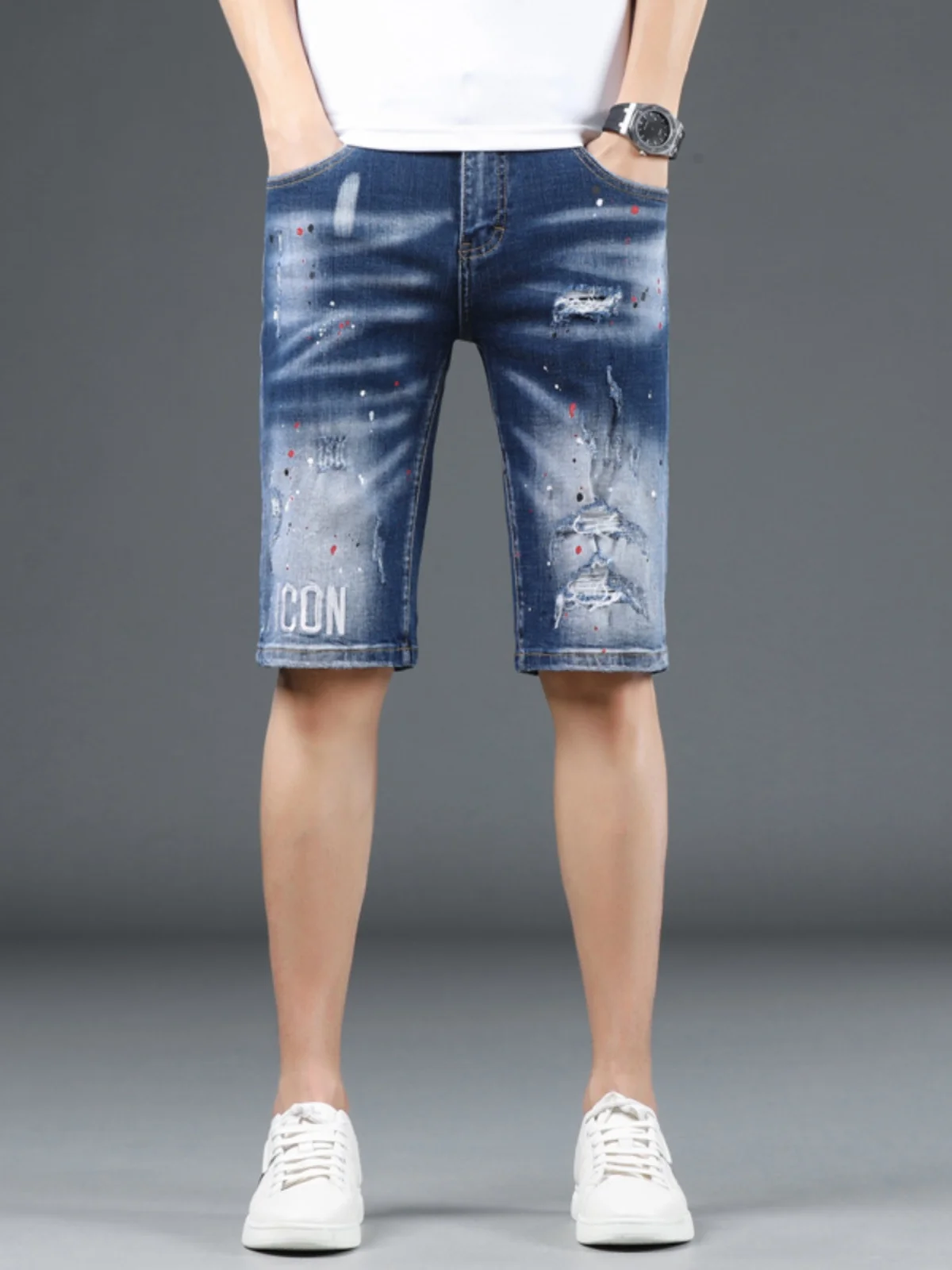 

Летние тонкие джинсовые шорты мужские с пятью карманами, вышитые, рваные, повседневные, из хлопка, стрейч, со средней посадкой