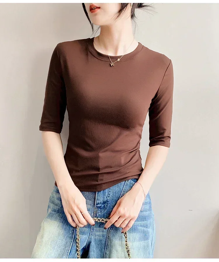 2026 Basic Einfarbiges Kurzarm-T-Shirt mit Rundhalsausschnitt, Eng Anliegend, Sommerliches Casual-Oberteil für Damen, Y2K Vintage Top, Harajuku Streetwear – Detail 31