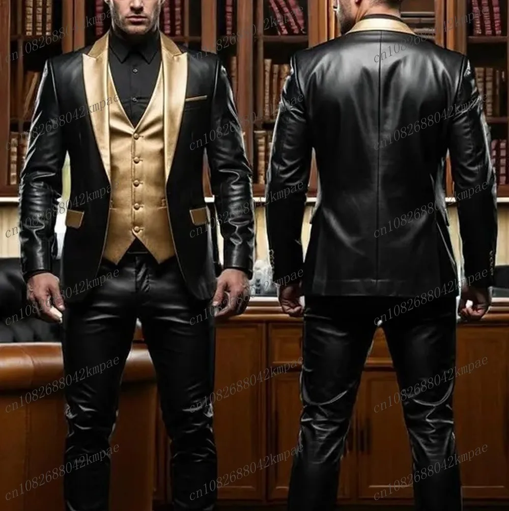 

Черно-золотой кожаный мужской костюм для торжественных мероприятий, свадеб, выпускных, деловых встреч, 3 предмета: пиджак, жилет, брюки