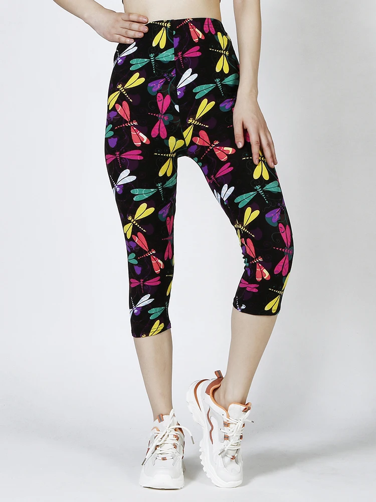 CUHAKCI-Leggings coloridos con estampado de libélula para Mujer, mallas para gimnasio, pantalones Capri informales para Mujer, S-2XL