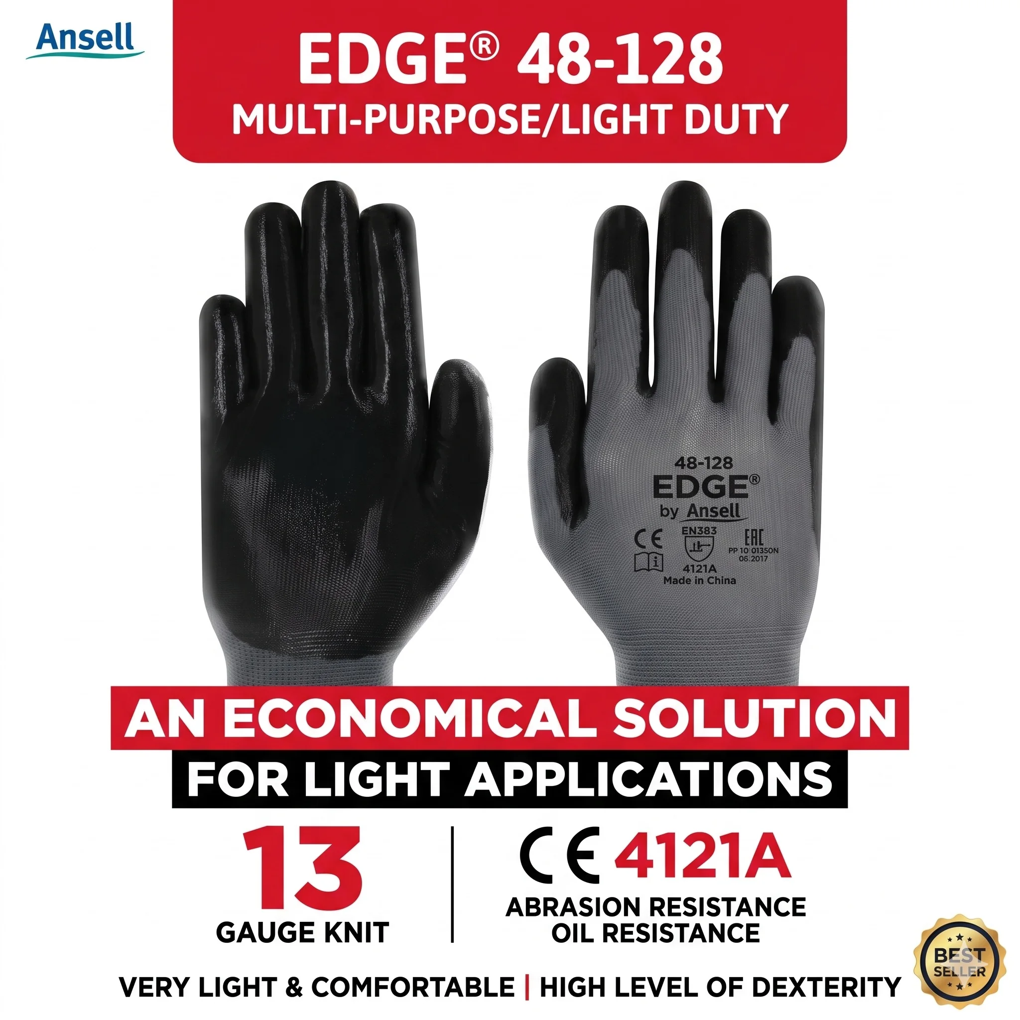 

Ansell EDGE 48-128 Gloves For Work Working Garden Gardening Nitrile Foam Nylon Mechanic Heavy Duty Construction Oil Resistant