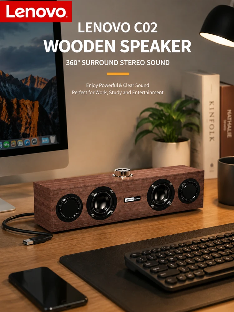 Lenovo C02 Drewniana głośnik USB 360 ° Głośnik stereo do komputera, laptopa i gier, z bogatym basem, do postawienia na biurku, nowy model 2026 — 2