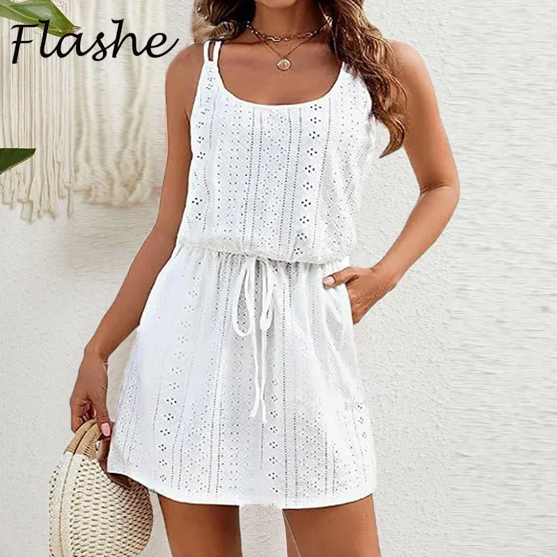 Summer Sleeveless Mini Dress Women Casual A-Line Drawstring Pocket Beach Holiday Dresses For Women Short Dress White