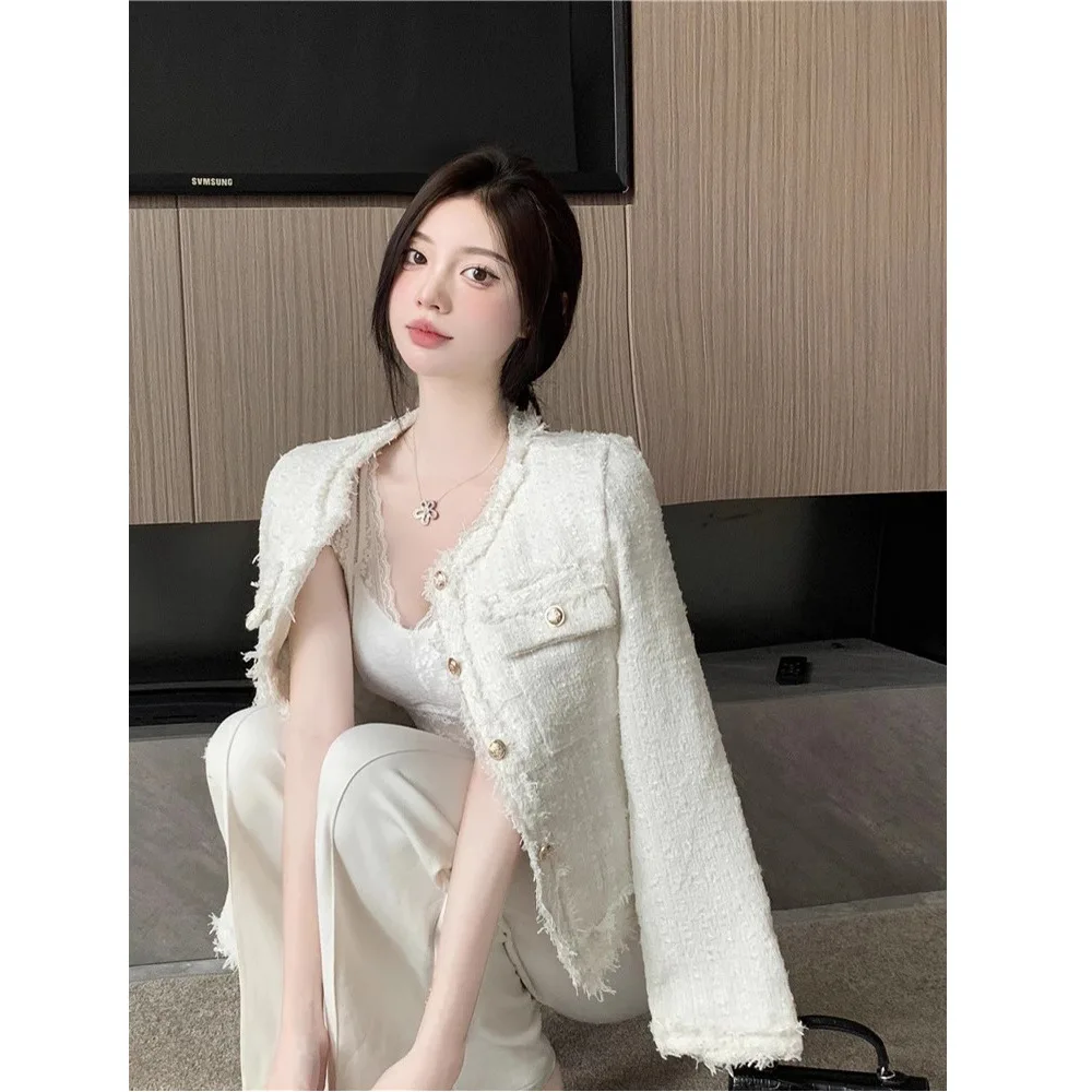 

Жакеты из твида женские, весенние, с поясом, имитация двухслойности, на пуговицах, для подростков, школьные, милые, премиум-класса, однотонные, элегантные