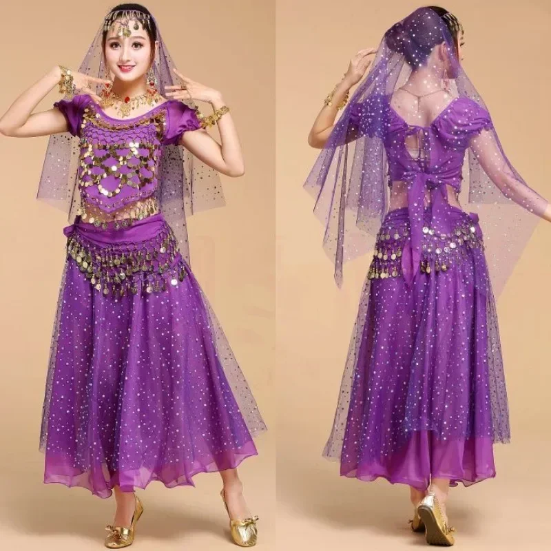 New India Belly Dance Costumes Set Adult Women Chiffon Sequin Top Skirt Suit Stage Performance Practice Wear Short Sleeve