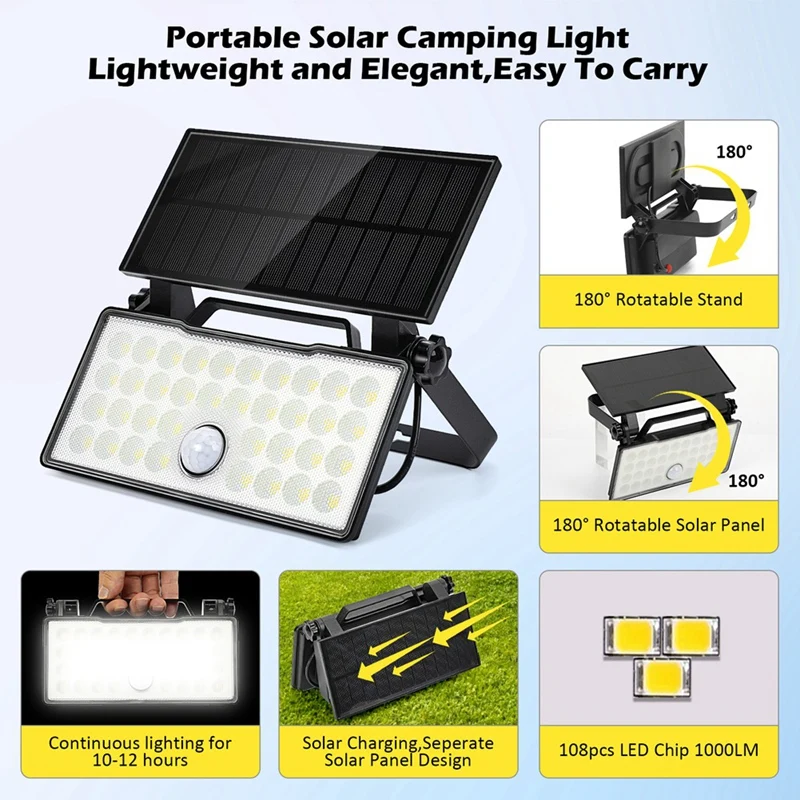 Luz solar portátil ao ar livre, luz solar, luz de acampamento, luz de trabalho, IP65 impermeável, 1000 lumen