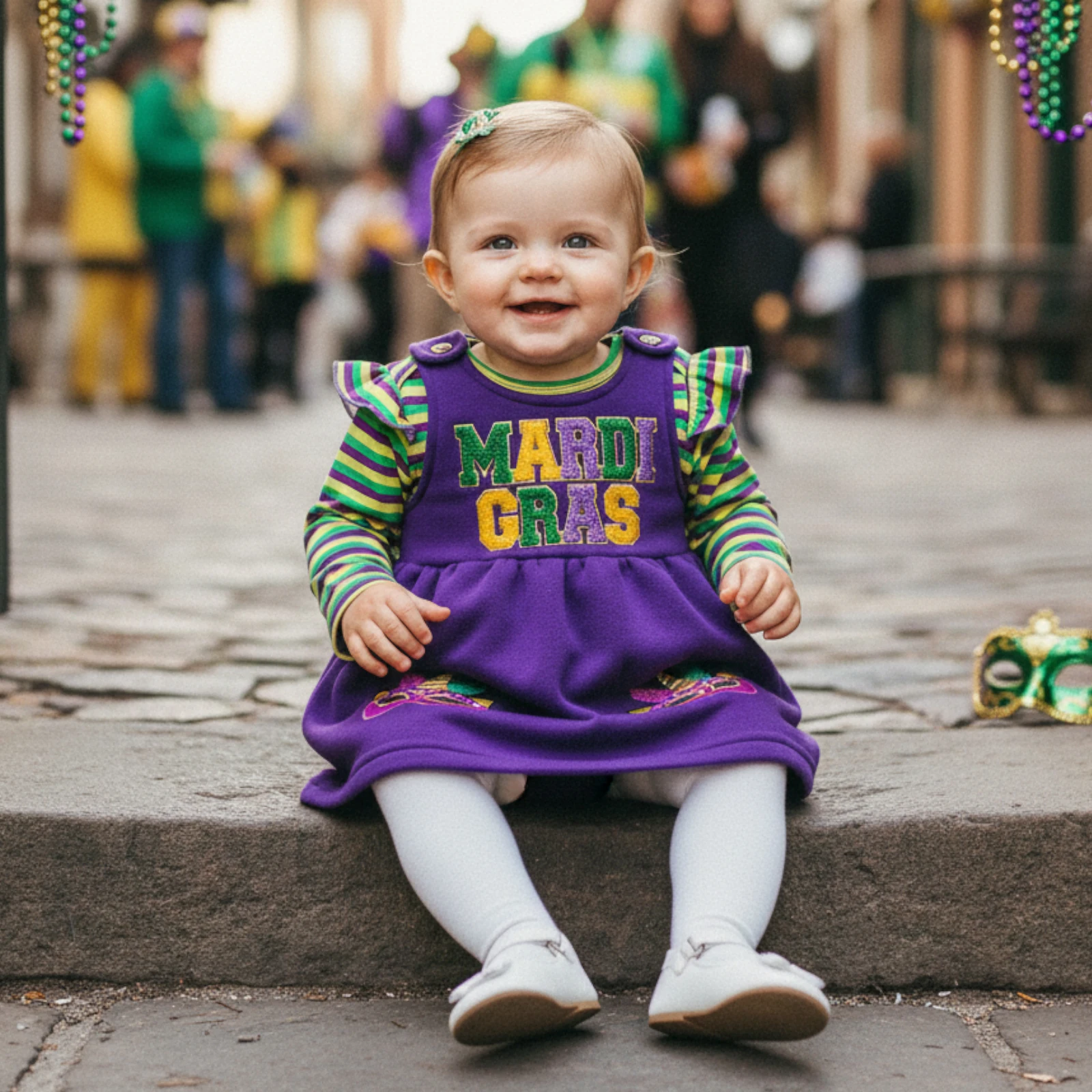 Baby Girl MardiGras Outfit Striped Ruffled Trim Crew Neck Long Sleeve Romper and Embroidered A Line Dress 2 Pcs Set
