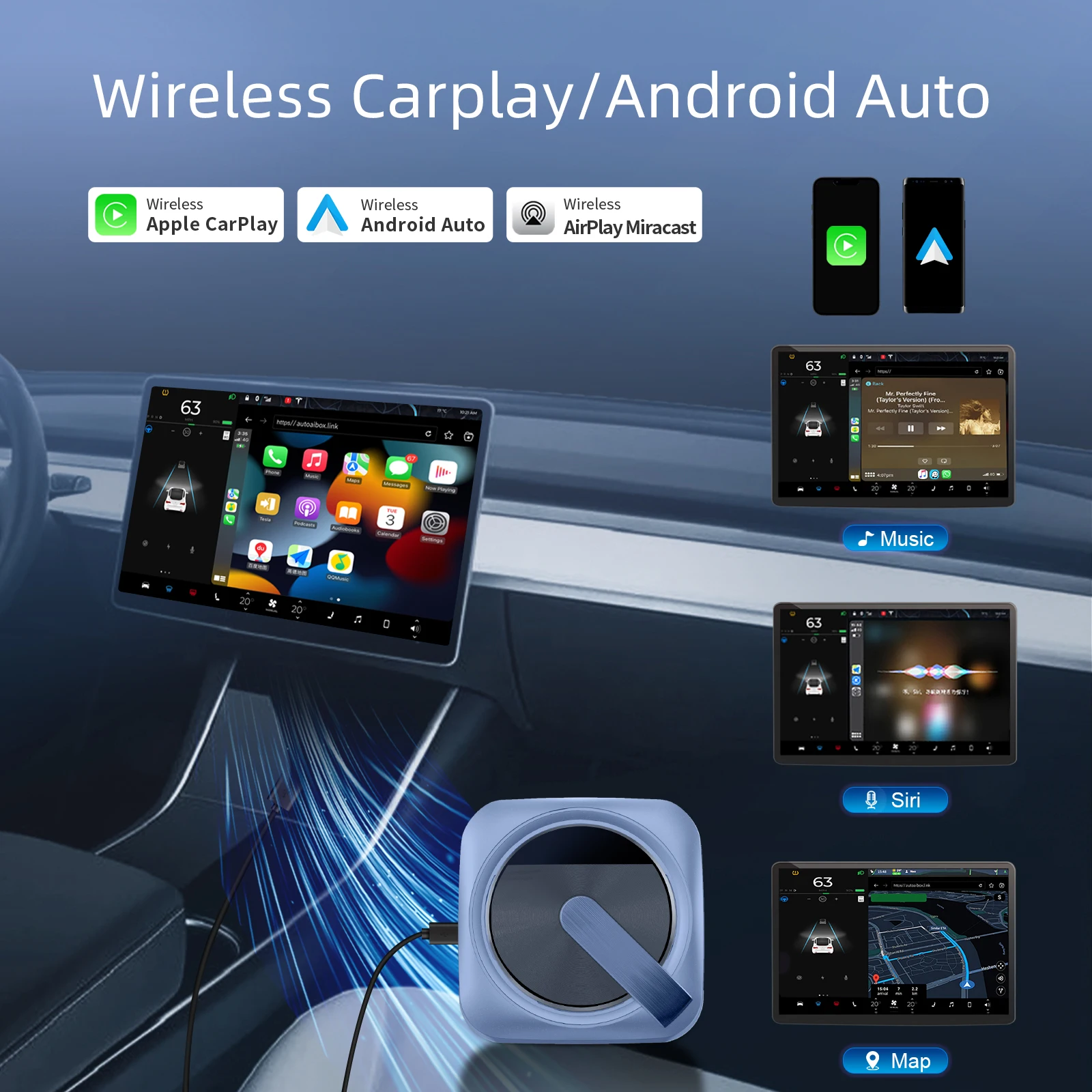 Podofo CarPlay AI Box dla Tesla wszystkie serie Model3 bezprzewodowy Android Auto Carplay 2023 ulepszenie modelu AI podzielony ekran głosowego