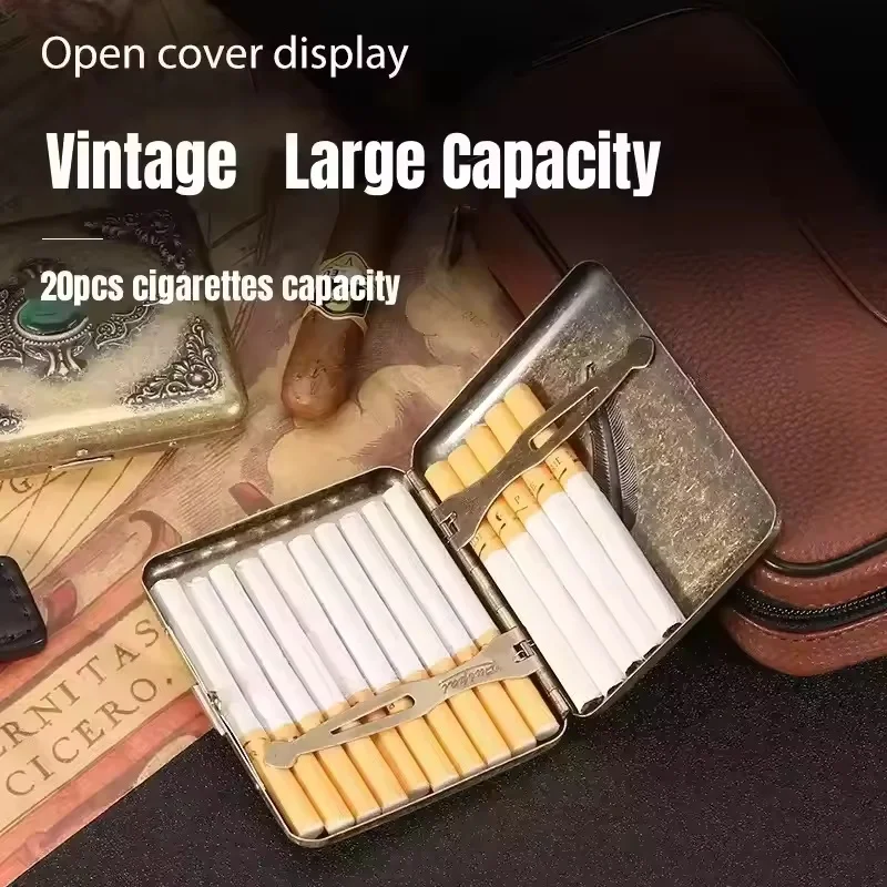 

2026 Retro New Trend Vintage Metal Cigarette Case Double Sided Spring Clip Holds 20 Regular Cigarettes Men Smoker Gift