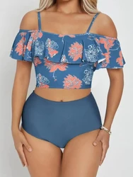 Pasek kwiatowy drukowane bikini kobiety strój kąpielowy z falbanką kobiet wyściełane stroje kąpielowe wysokiej talii strój kąpielowy kąpiących Mayo Backless Biquine