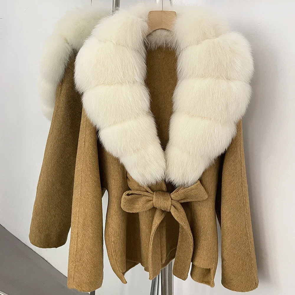OFTBUY Neue Winterkleidung für Damen, Luxuriöser Kurzer 100% Wollmantel mit Natürlichem Pelzkragen, Warmem Gürtel und Echtem Fuchspelz, Wolljacke für Damen – Detail 35