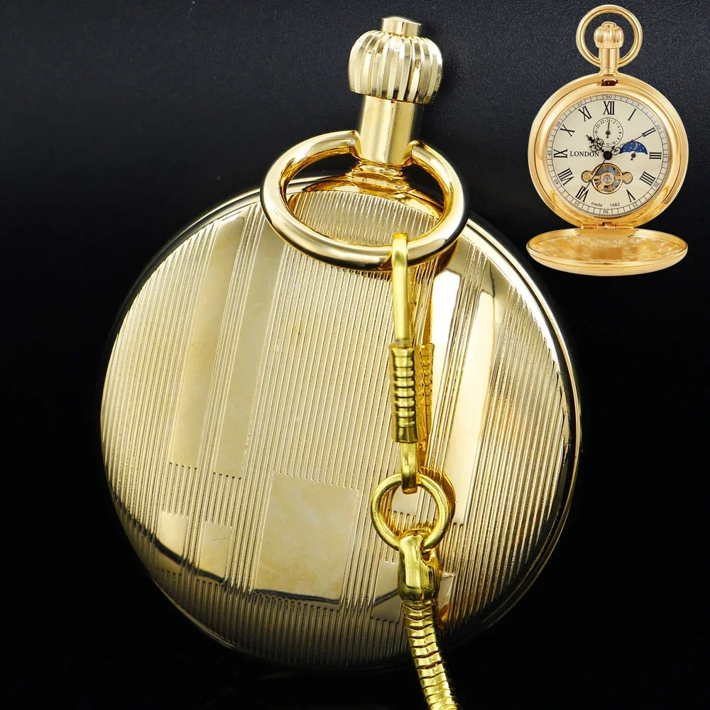 Men's Automatic Mechanical Pocket Watch Luxury Gold Copper Moon phase Retro Roman Numerals Dial Snake Chain Pendant Gift