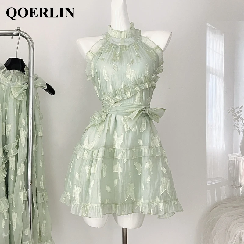 

QOERLIN with Belt Women's Summer Sleeveless Mini Dress 2024 Stand Collar A Line Ruffles Swing Casual Basic Holiday Short Dress