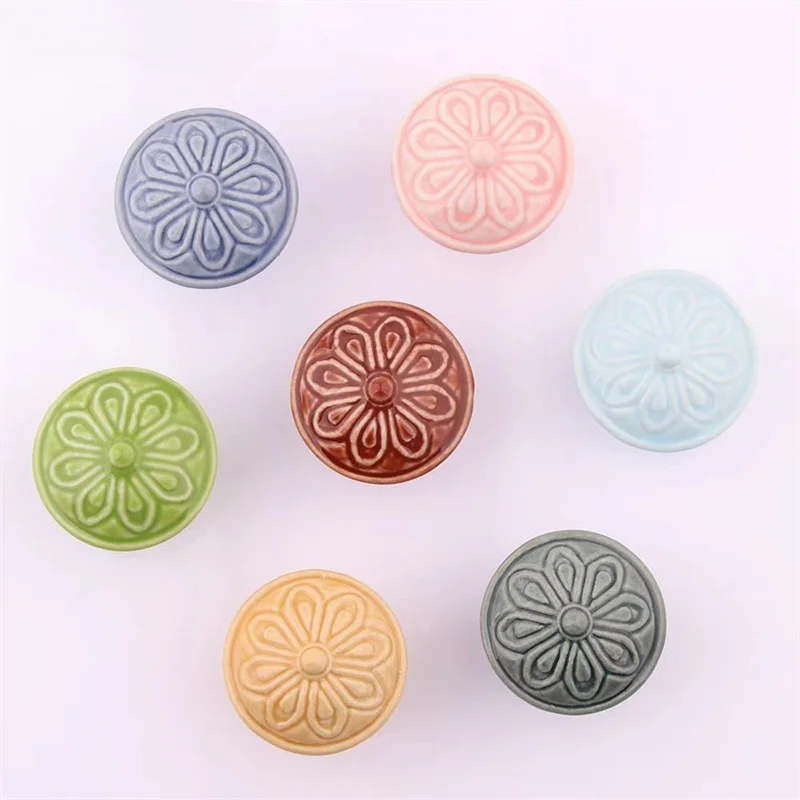 Embossed Pattern Ceramic Drawer Handle Round Furniture Cabinet Door Handles Wardrobe Cupboard Closet Pulls For Children's Room