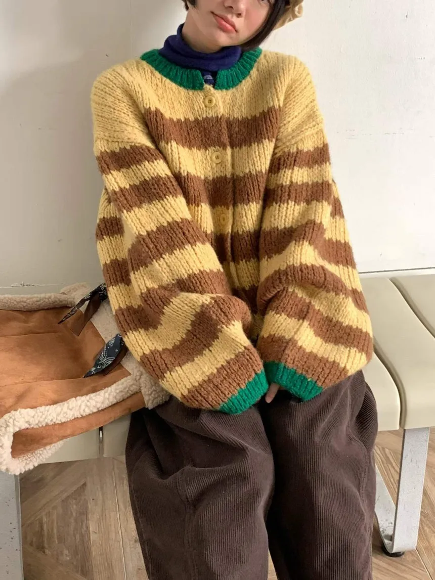 

Женский вязаный кардиган свободного кроя с круглым вырезом, теплый повседневный свитер в полоску с цветовыми блоками, осенне-зимний топ