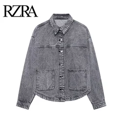 RZRA original denim jacket 2024 autumn new women's clothing washed gray lapel long sleeve patch pocket decoration classic style