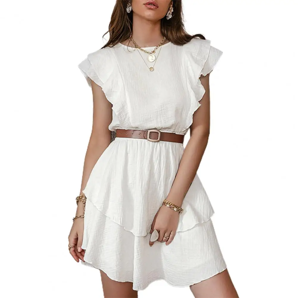 Vestido feminino com babados em camadas, vestido sem mangas femininas, decote em O, comprimento médio, cintura apertada, elástico, monocromático, verão