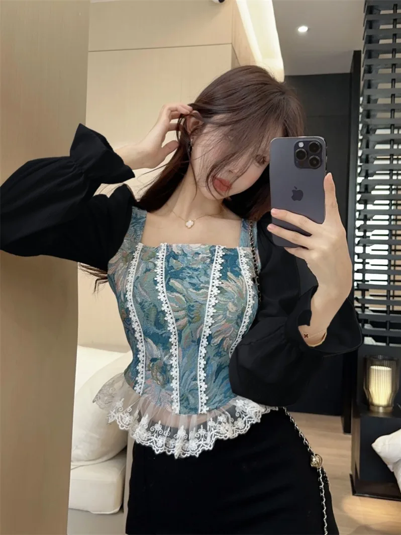 Vintage French Women Shirts Lace Lolita Elegant Long Sleeve Flounce Blouse High Quality Office Lady New Fashion Chic Female Tops