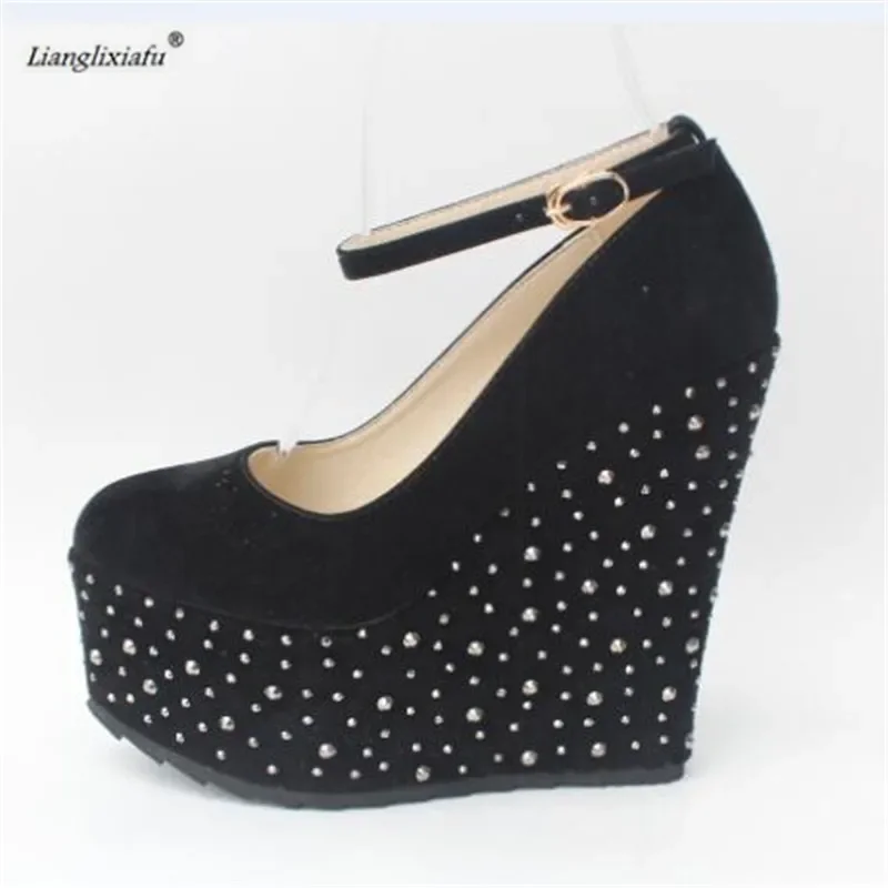 LLXF Small Yards:30 31 32 33 Plus:42 43 Sweet Abiball Shoes Woman 15cm Wedges Rhinestone Zapatos Mujer Platforms Nightclub Pumps