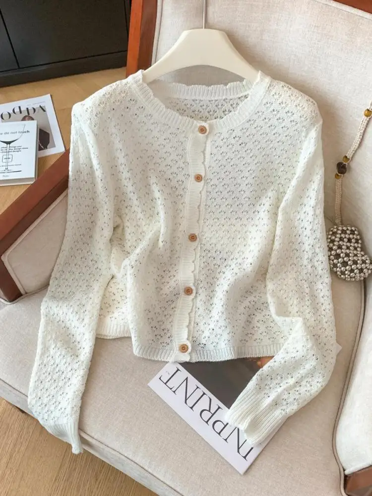 

French Fashion Women Green Blue Single Breasted Long Sleeve Cardigan Sweater Autumn Winter Beige Elegant Versatile Knitwear Tops