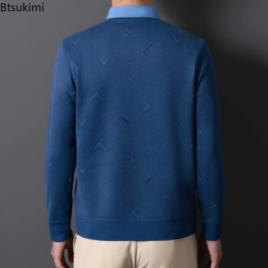 Shirt Collar Fake Two-piece Tops Men's Autumn and Winter New Long-sleeved Shirt Fleece-lined and Thickened Warm Pullover Sweater