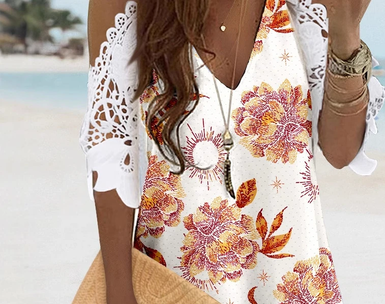 Feminino floral impressão ombro frio profundo v crochê renda mini vestido casual sexy verão moda
