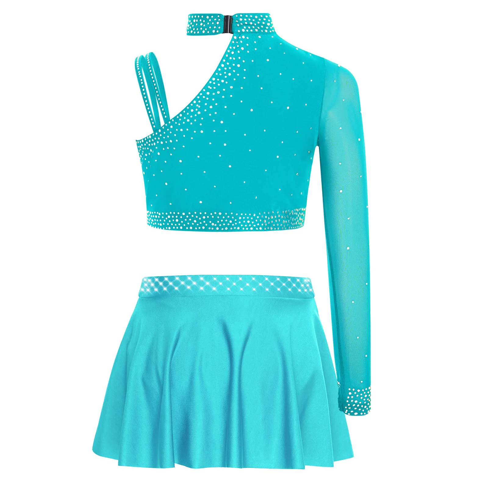 Kids Girls Lyrical Dance Costume Ballet Figure Skating Gymnastics Performance Dancewear Glittery Rhinestones Crop Top with Skirt