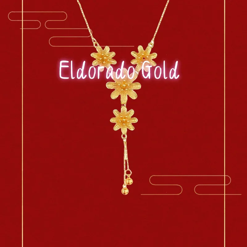 

9999 настоящее золотое свадебное ожерелье в стиле магазина с дизайном, свадебный стиль невесты из песочного золота, цепочка на ключицу с четырьмя подсолнечникамиV