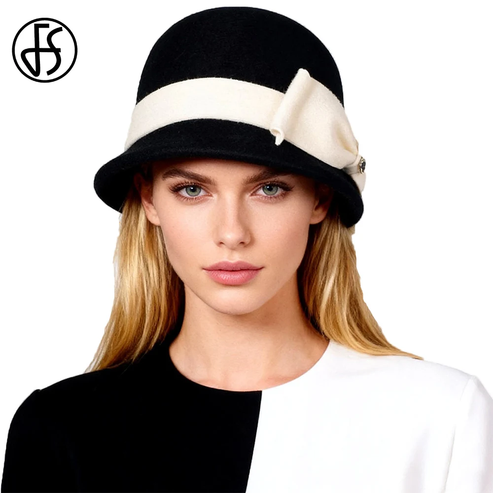 FS Luxury Brand Bowler Hat For Women Black White Bowknot Wool Cap Tea Party Fascinators Caps Vintage Lady Church Hats Sombreros