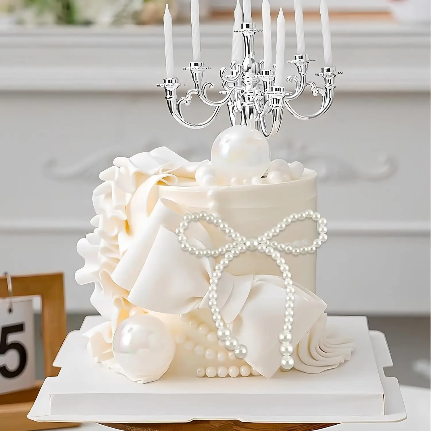 Weiß/rosa Perlenschleife-Kuchendekoration, geeignet für einzelne Partys, Geburtstage, Taufe, Hochzeiten, Partydekoration mit Prinzessinnenmotiv. – Detail 4