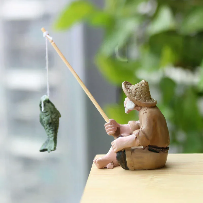 Fishing Old Man Resin Figure Statue Garden Ornament Micro-Landscape Craft Home Decoration Practical Tool