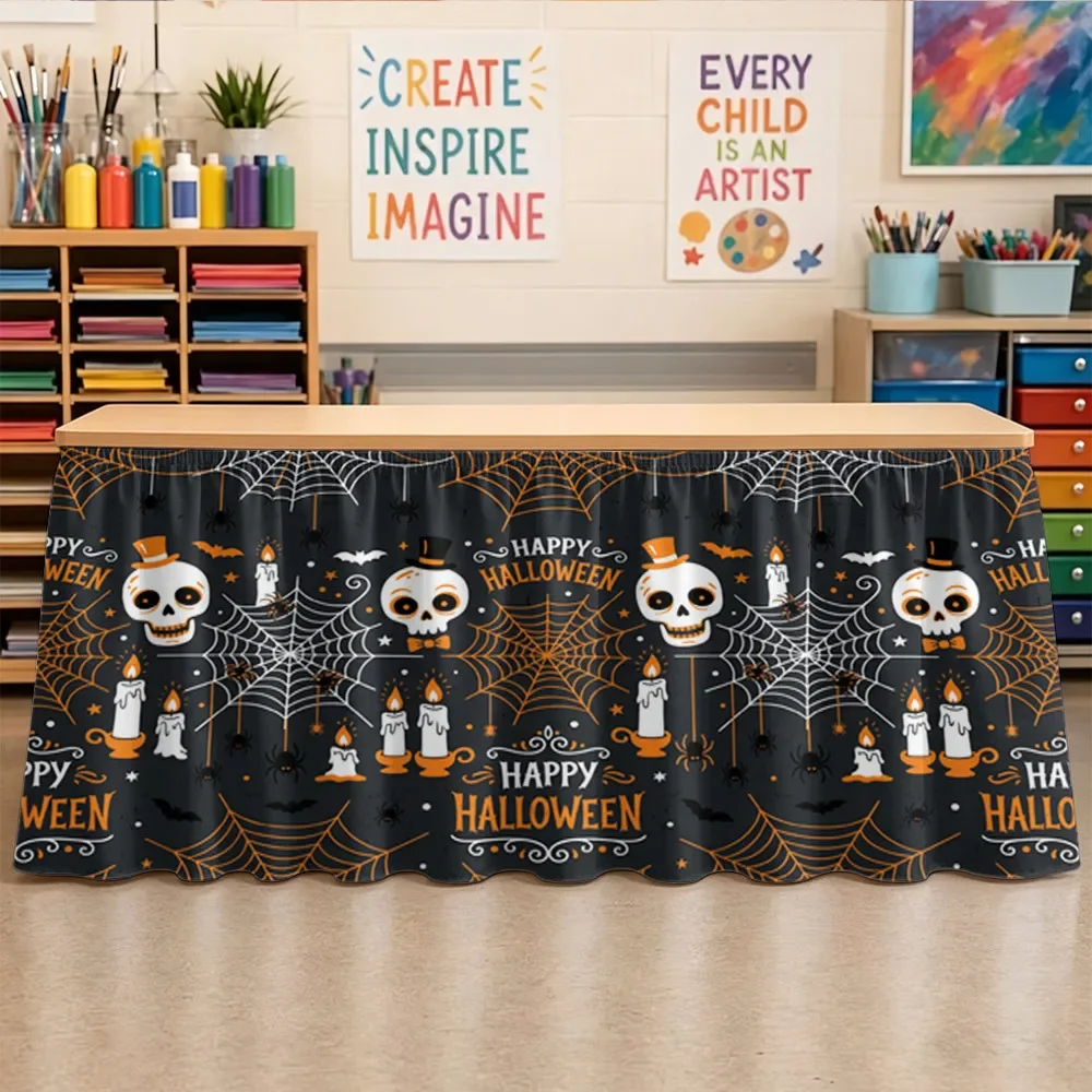 One-piece Halloween and Christmas event decoration party table skirt, Halloween theme, with happy Halloween text.