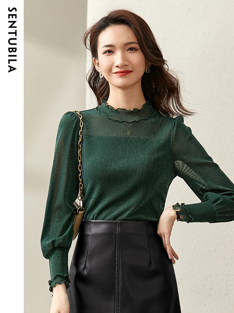 SENTUBILA Sequin Long Sleeve T-shirt Women 2024 Autumn Fashion Elegant Office Lady Straight Tshirt Wave Mock Neck Top 123T43173