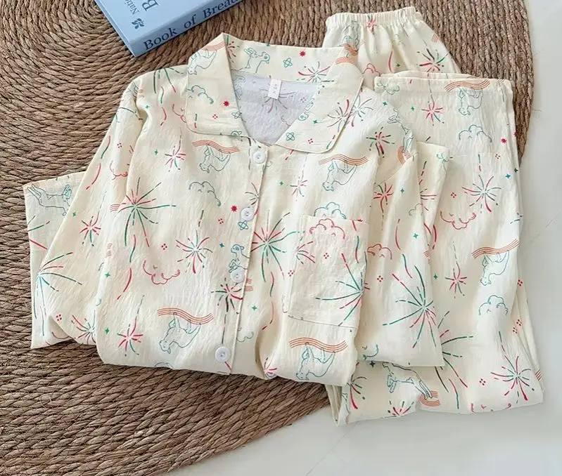 Women's Pajamas Set Cute Fun Print Sleepwear Button Long Pajama 2 Piece Suit Pyjama Femme Nightwear Loungewear for Autumn New