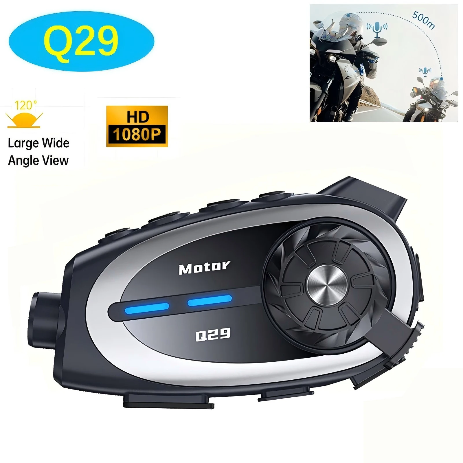

Q29 Motorcycle Bluetooth Helmet Headset Waterproof Noise Reduction 1080P HD Ultra Wide Angle Lens Recorder 2-Rider 500M Intercom