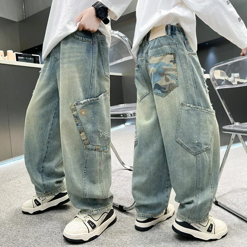 

7-15 Years Old2025 Spring And Autumn Straight Jeans Side Pockets Versatile Loose High Quality Fashion Street Style