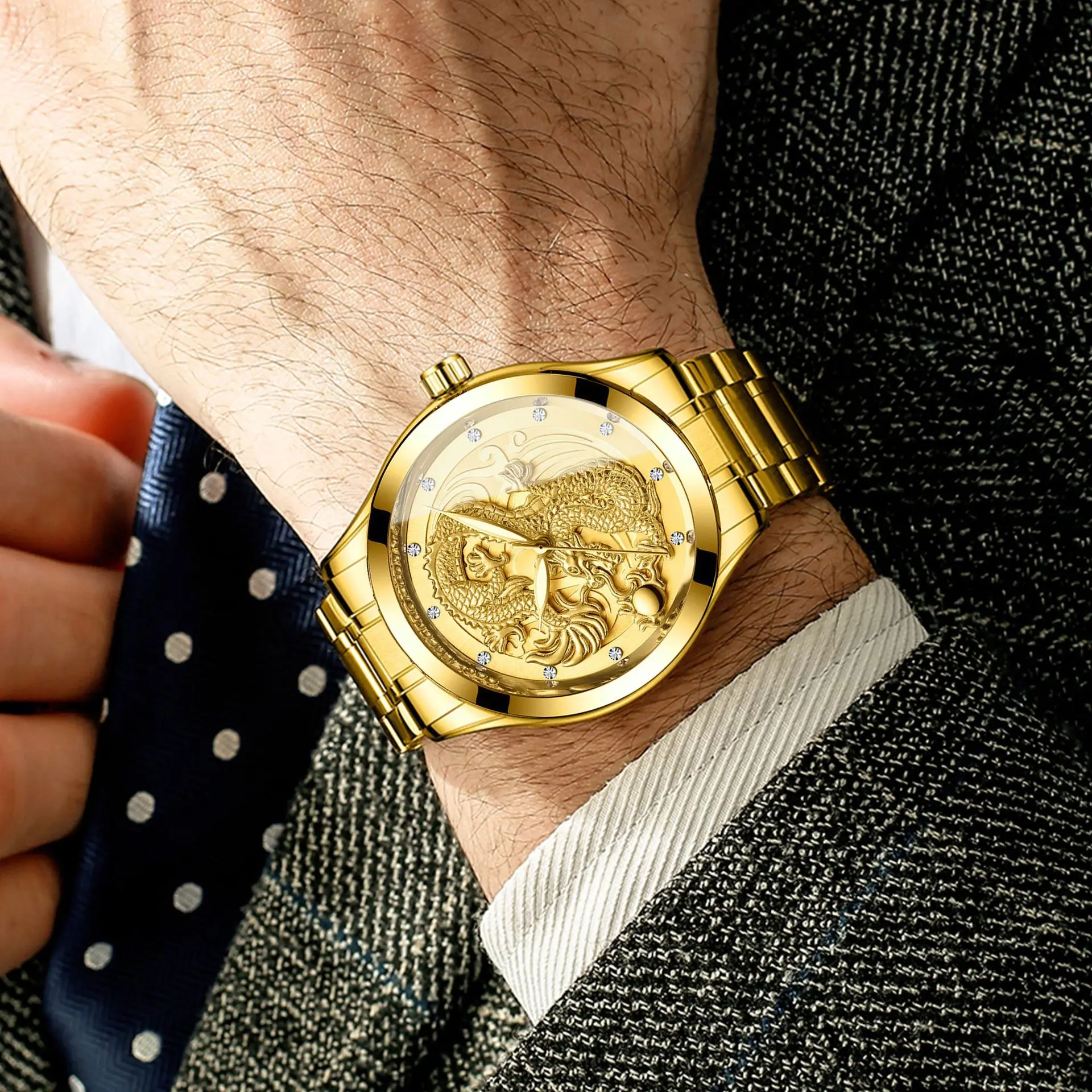 Golden Dragon Watch Men's Quartz Watch Waterproof Luminous Gold Quartz Ultra Thin Steel Strip Dragon Phoenix Couple Watch