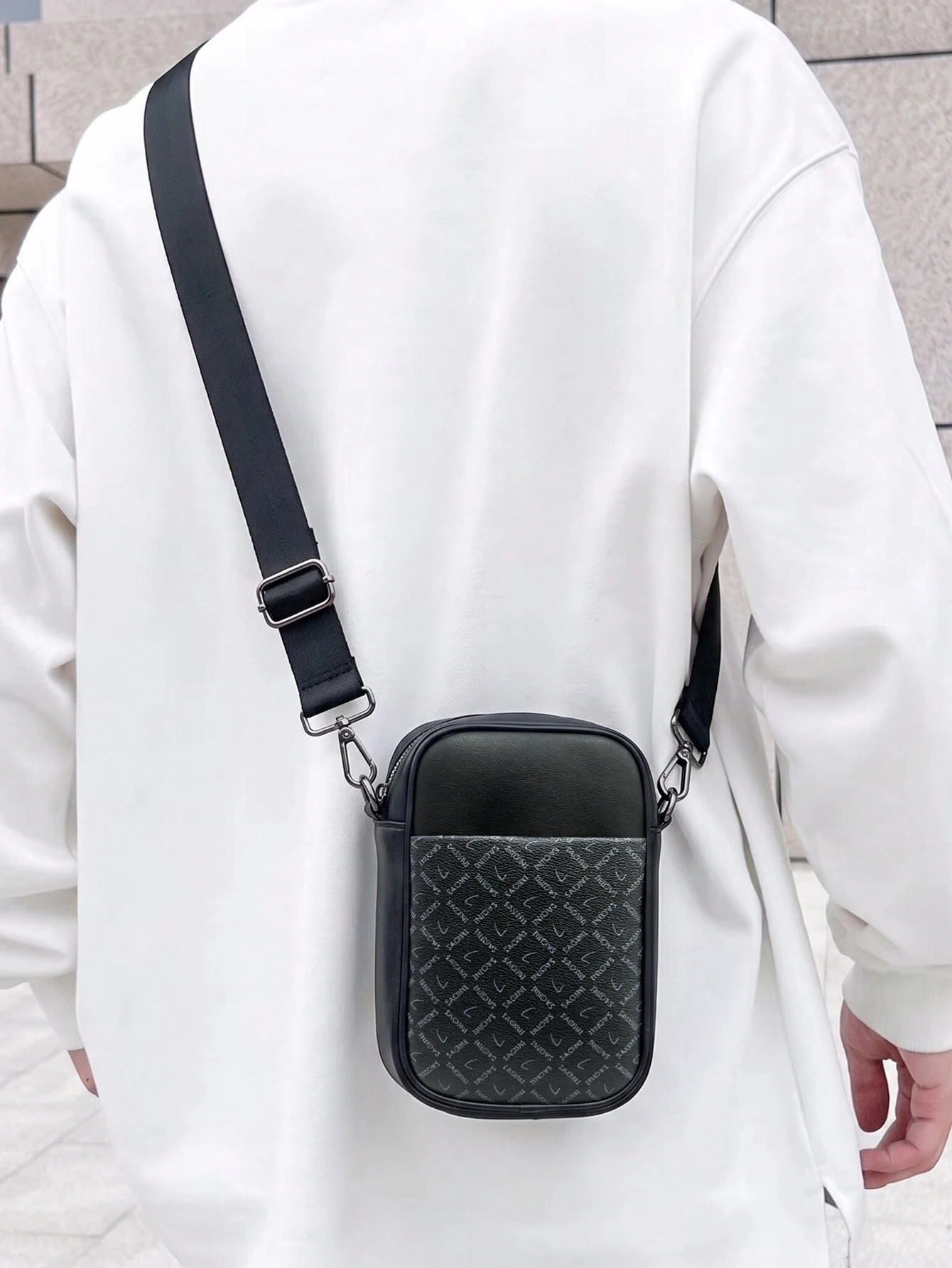 Men Diamond Print Mini Crossbody Bag, PU Leather Small Shoulder Messenger Phone Pouch with Adjustable Strap Lightweight Side Bag
