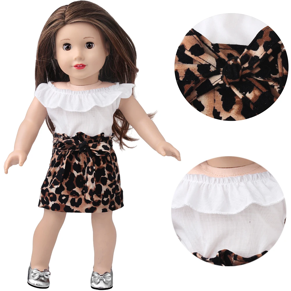 18 inch Girl Doll Fashion Set One Shoulder Leopard Pattern Skirt Lace Top Checkered Pants Versatile Temperament Set Doll Clothin