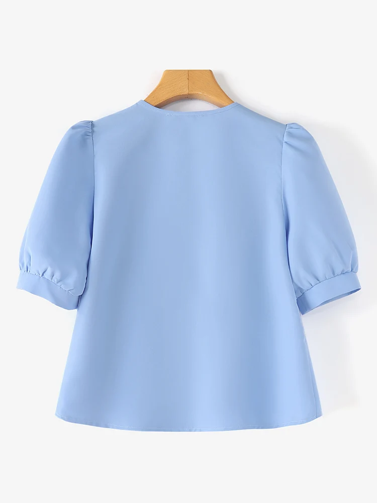 ZANZEA-Tops de túnica com decote em v feminino, manga folhada curta, blusas elegantes de nó frontal, monocromáticas, casuais, soltas, moda coreana, verão, 2024