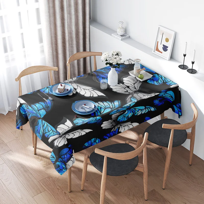 

Waterproof Butterfly Tablecloth Blue Floral Dining Table Cover Washable Table Linens Kitchen Decor Party Supplies Home Textiles