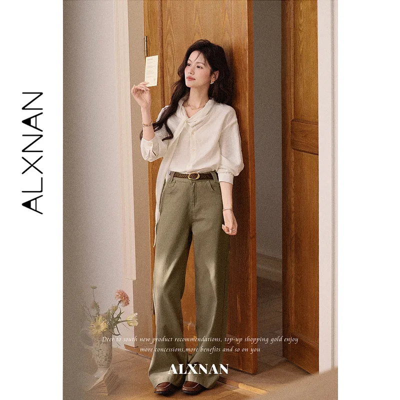 ALXNAN Coffee Jeans 2026 New High Waist Slant Pockets Draped Long Pants Vintage Elegant Cotton 100% Female Denim Clothing L67670