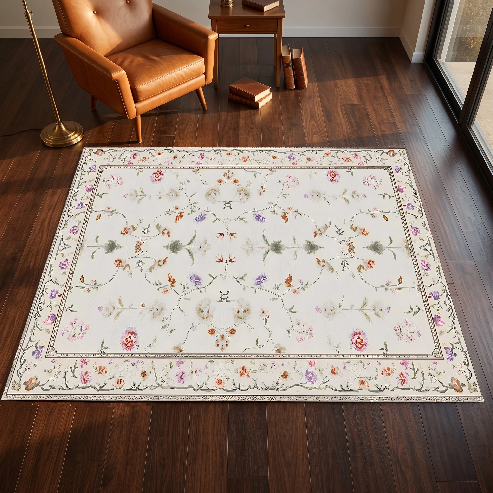 2D Large Rug with French Floral Pattern, Light French Style, Suitable for Living Room, Bedroom, and Bedside, One-Click to Refresh Autumn and Winter Decor