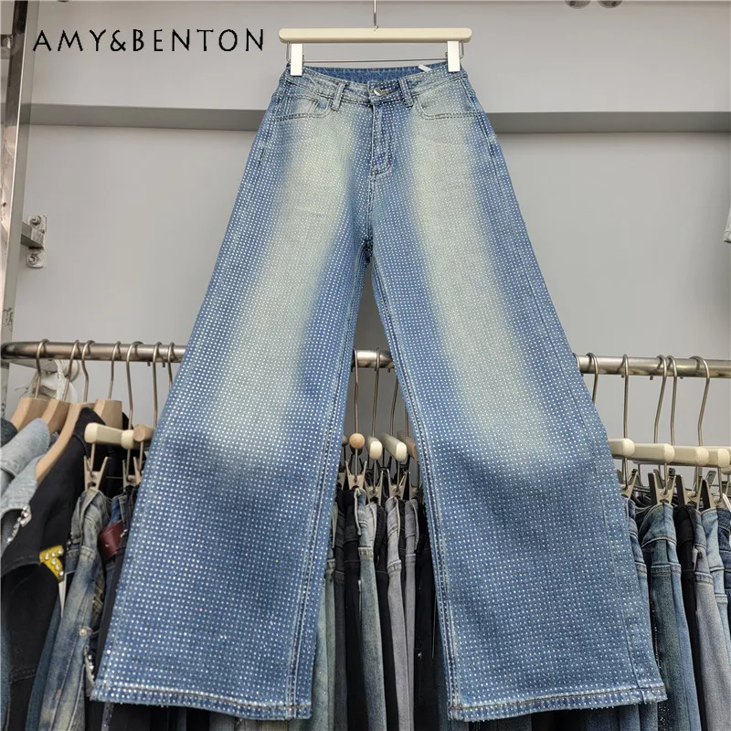 

2026 Early Spring New Diamond Drills Denim Wide-Leg Pants Ladies Y2k High Waist Loose Slimming Straight Pants Blue Long Trousers