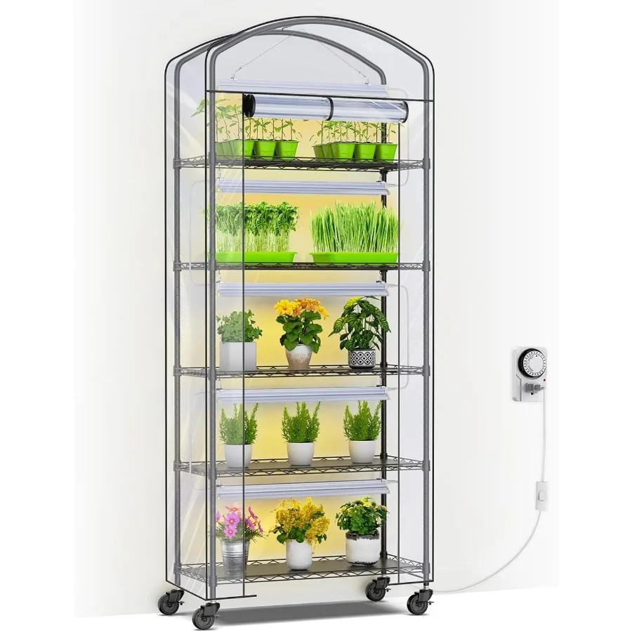 5-Tier Greenhouse with Grow Light, Shelf Height Adjustable Metal Shelf