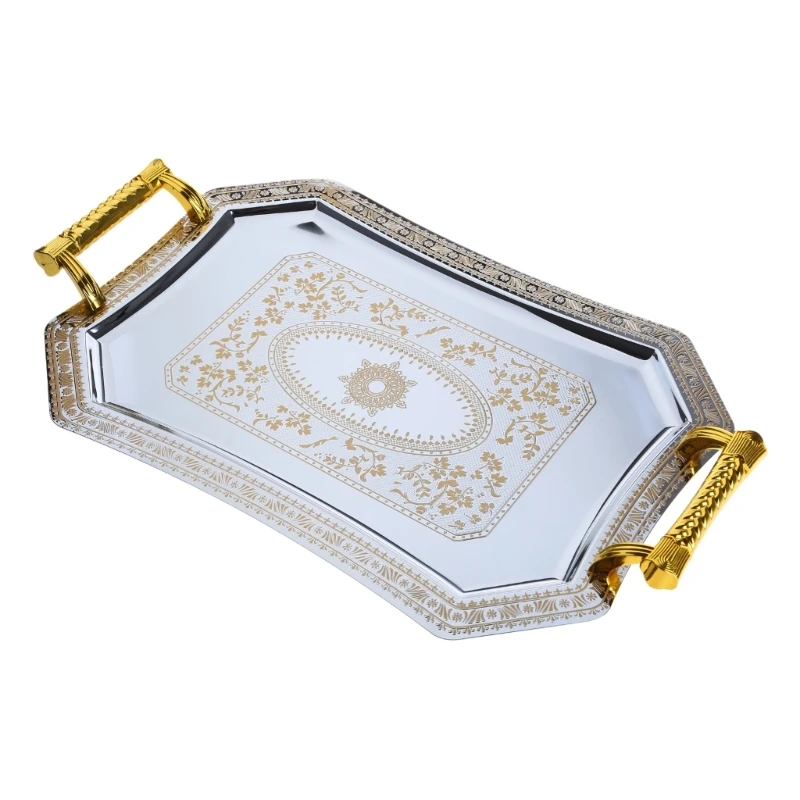 Stainless Steel Storage Tray with Handle Delicate Pattern Serve Plate Supplies for Home Restaurant Cafe Shop Bar Decor