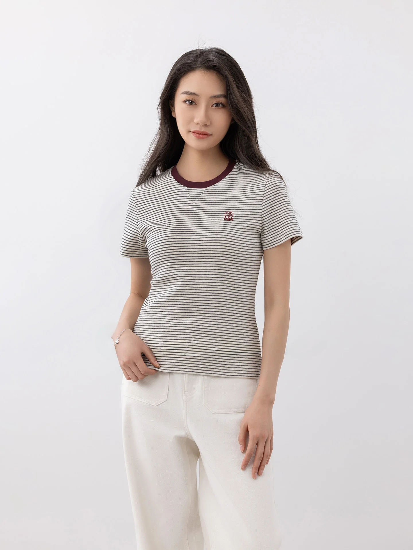 

Женская футболка с завышенной талией, повседневная, в полоску, удобная, дышащая, из смесового хлопка, с коротким рукавом, круглым вырезом