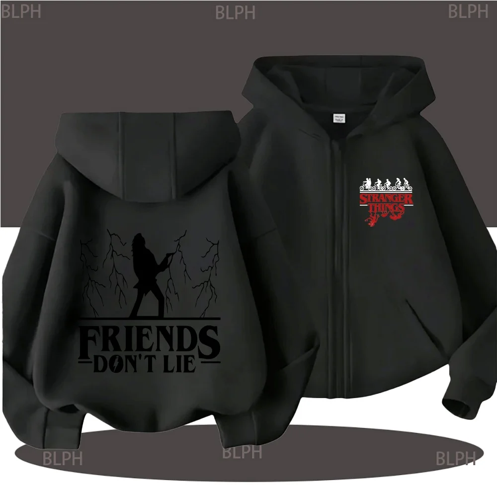 

Kids and Adults Strange Inspired "Friends Don't Lie" Zip-Up Hoodie, Unique Graphic Pullover for Family Matching Outfits