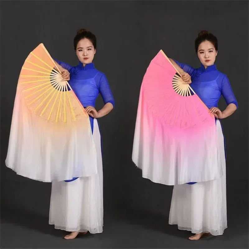 Real Silk Fan Veil Pair(1L+1R) Women Belly Dance Bamboo Short Veils Double Sides Two Layers Light Weight  Pink Yellow Gradient